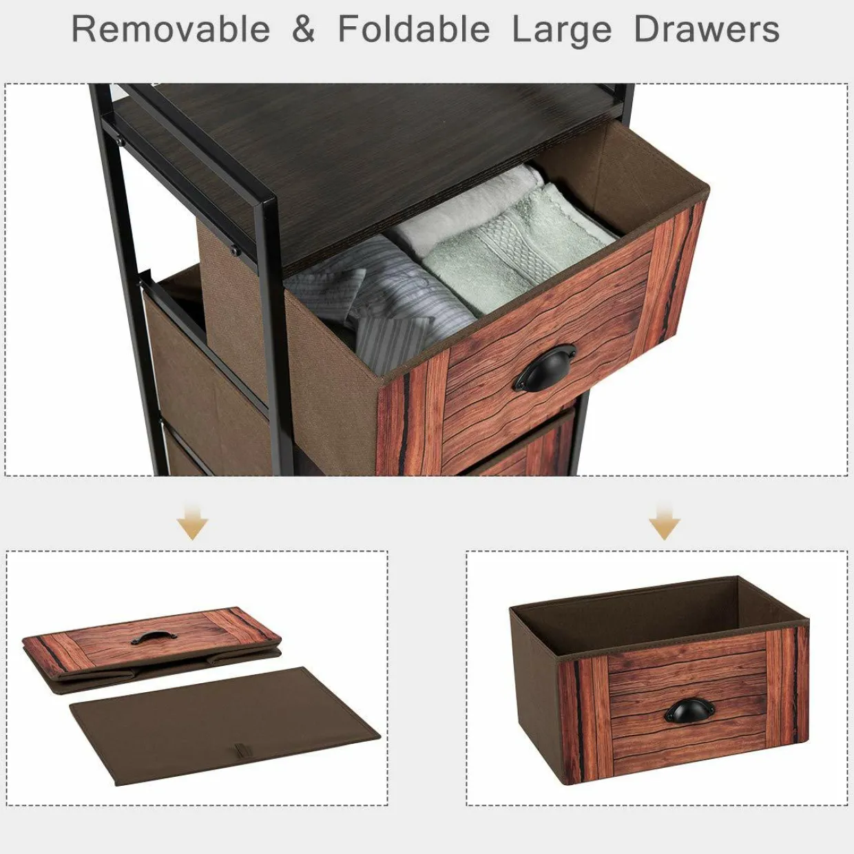 3 Drawer Dresser, Vertical Dresser Storage Tower with Fabric Drawers and Steel Frame
