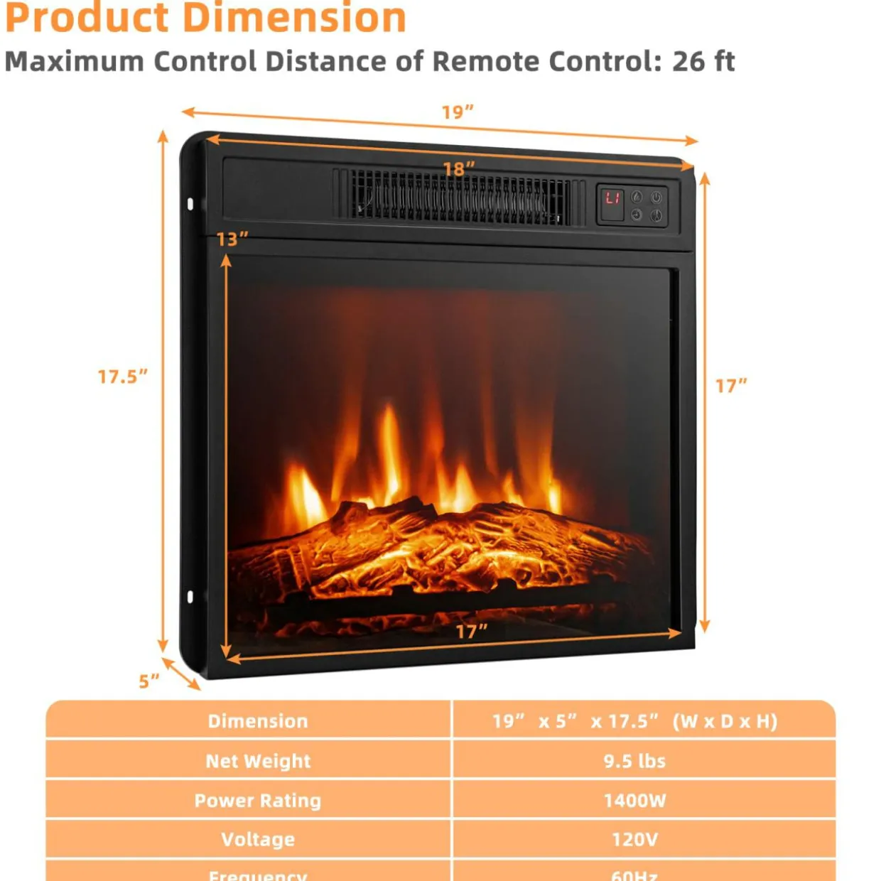 18" Electric Fireplace Heater, Freestanding & Recessed 1400 W Electric Stove Heater