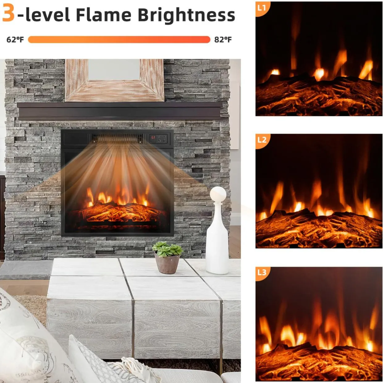 18" Electric Fireplace Heater, Freestanding & Recessed 1400 W Electric Stove Heater