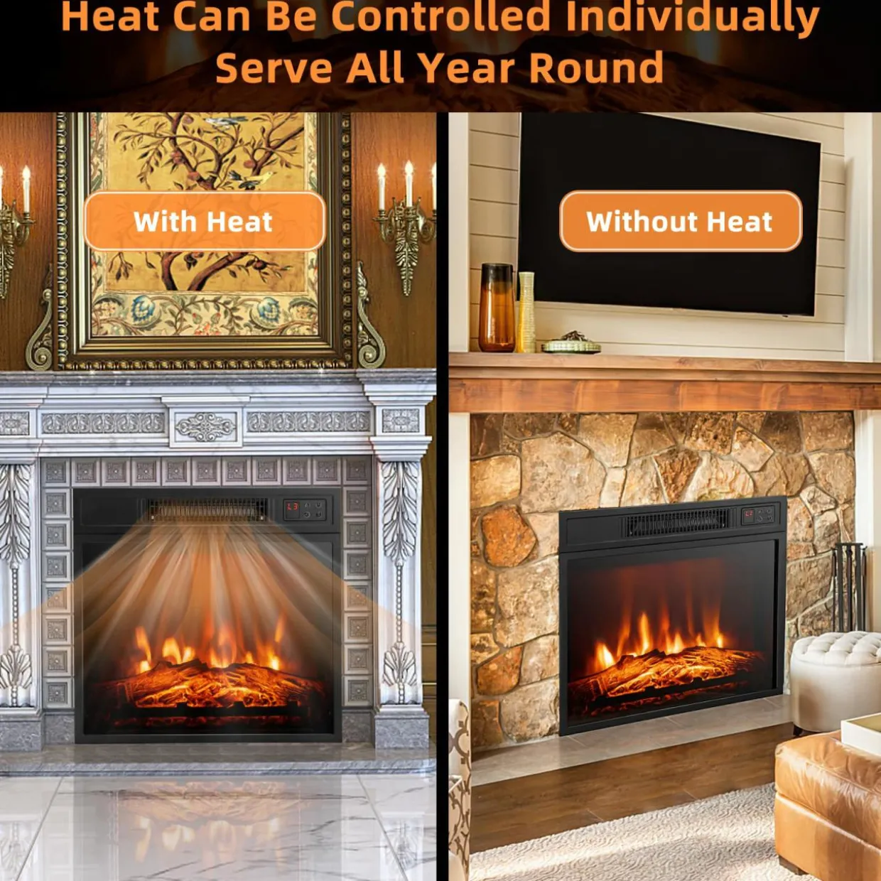 18" Electric Fireplace Heater, Freestanding & Recessed 1400 W Electric Stove Heater