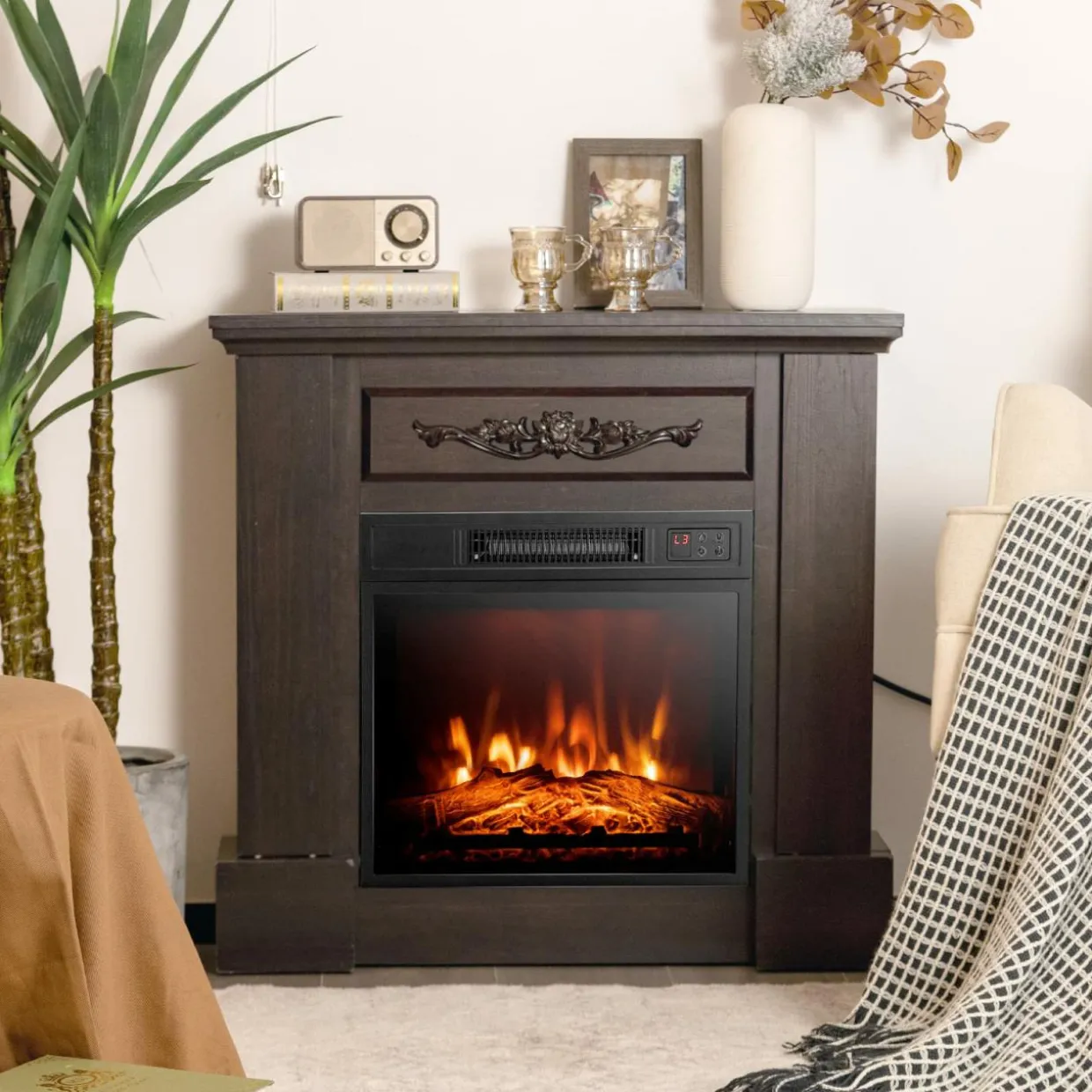 18" Electric Fireplace Heater, Freestanding & Recessed 1400 W Electric Stove Heater