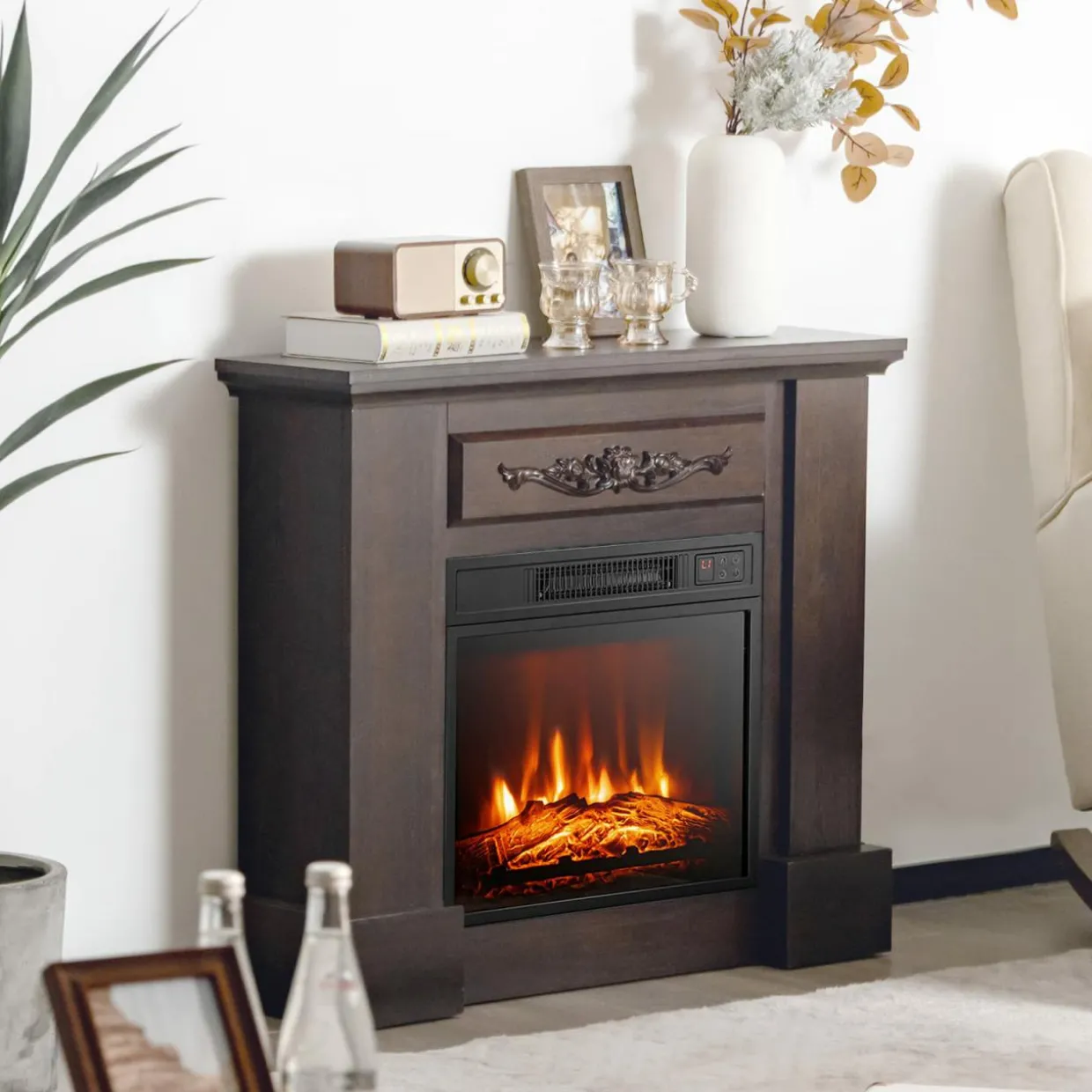 18" Electric Fireplace Heater, Freestanding & Recessed 1400 W Electric Stove Heater