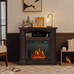 32" Electric Fireplace with Mantel, 1400W Freestanding Heater with Remote Control & Adjustable Brightness