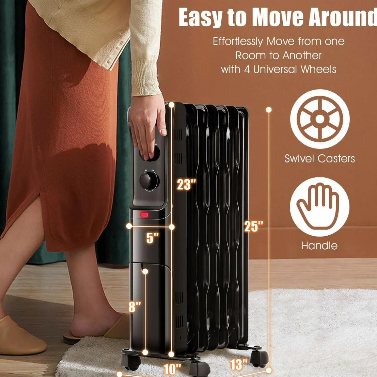 Electric 1500W Oil Filled Radiator Heater, Space Heater Radiator with 3 Heat Settings