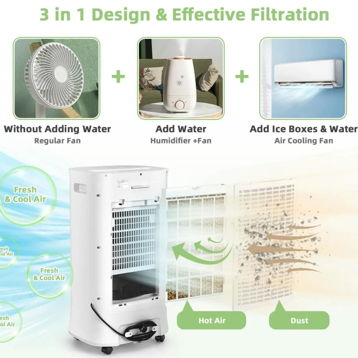 Evaporative Air Cooler, Portable Cooling Fan & Humidifier with Remote