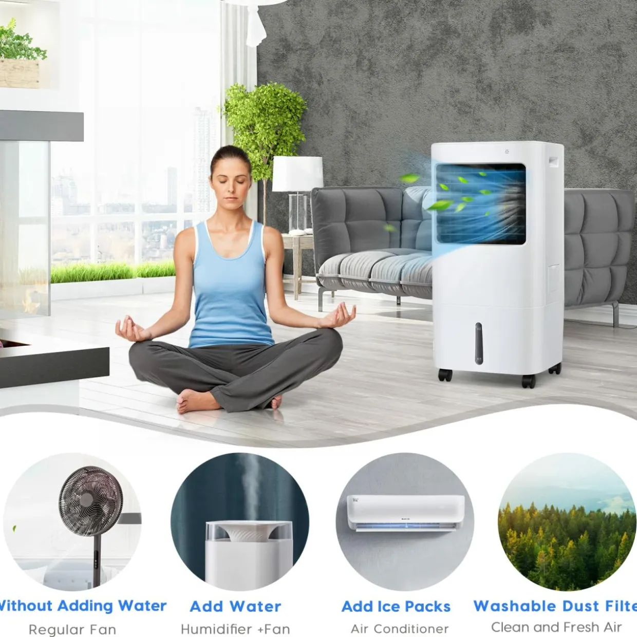 Evaporative Cooler, 3-in-1 Cooler, Fan and Humidifier with 7.5H Timer