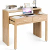 Extendable Computer Desk with 2 Drawers, Small Writing Desk with Pull Out Secondary Desk