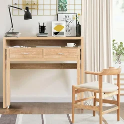 Extendable Computer Desk with 2 Drawers, Small Writing Desk with Pull Out Secondary Desk