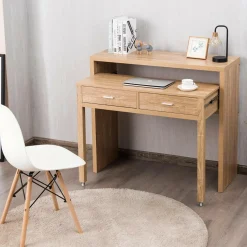 Extendable Computer Desk with 2 Drawers, Small Writing Desk with Pull Out Secondary Desk