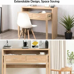 Extendable Computer Desk with 2 Drawers, Small Writing Desk with Pull Out Secondary Desk