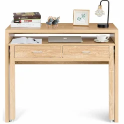 Extendable Computer Desk with 2 Drawers, Small Writing Desk with Pull Out Secondary Desk