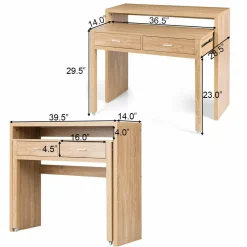 Extendable Computer Desk with 2 Drawers, Small Writing Desk with Pull Out Secondary Desk