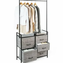 Fabric Drawer Dresser w/Clothes Rack, Storage Organizer with Metal Frame and Wooden Top