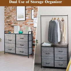 Fabric Drawer Dresser w/Clothes Rack, Storage Organizer with Metal Frame and Wooden Top