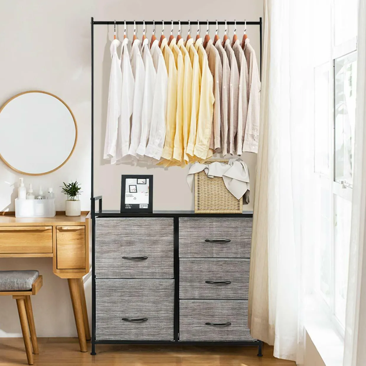 Fabric Drawer Dresser w/Clothes Rack, Storage Organizer with Metal Frame and Wooden Top