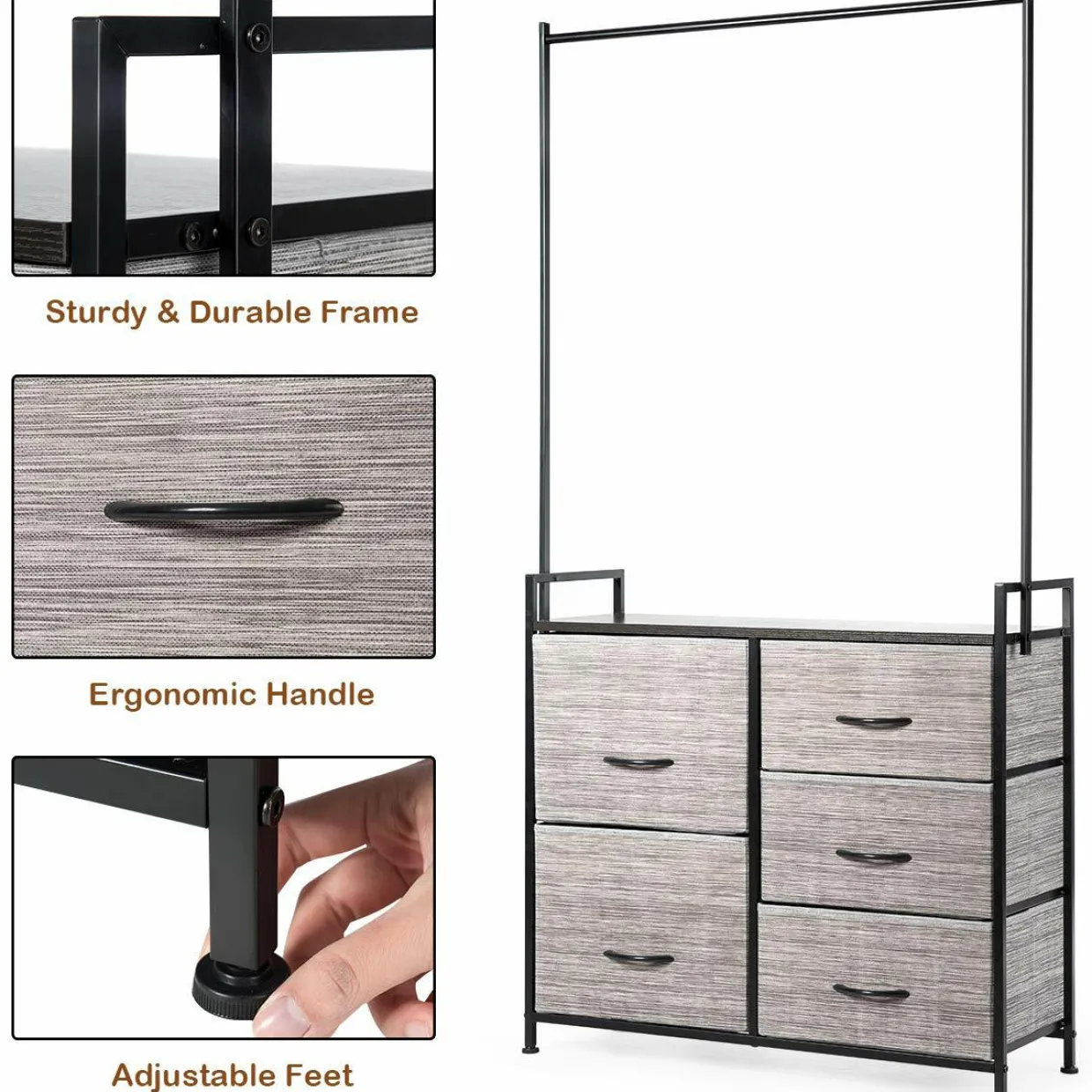 Fabric Drawer Dresser w/Clothes Rack, Storage Organizer with Metal Frame and Wooden Top
