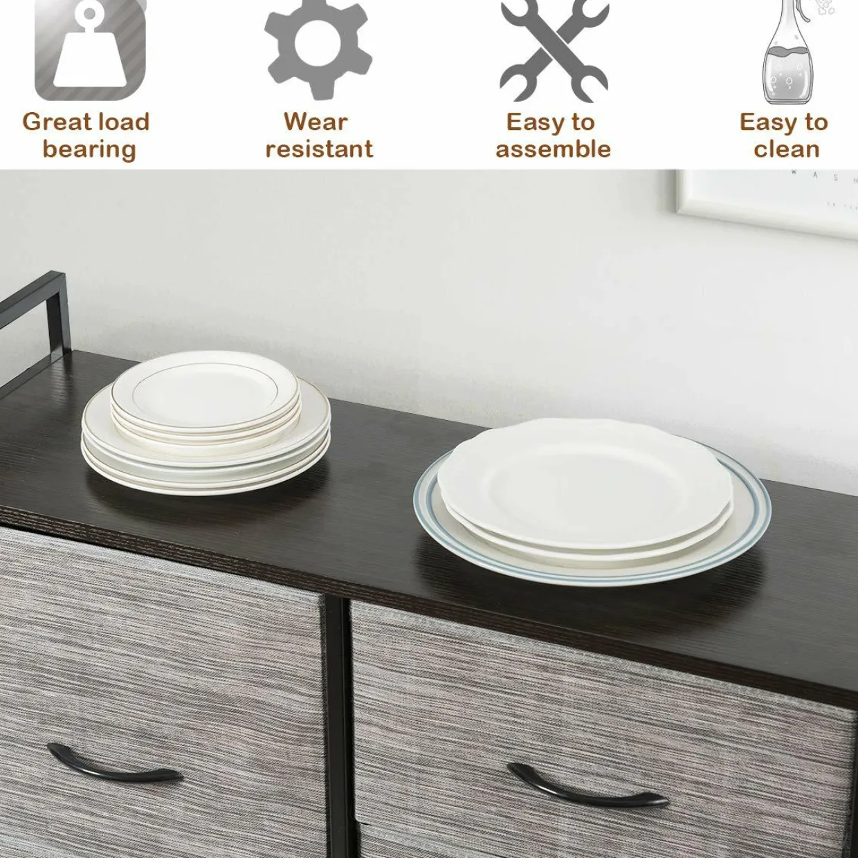 Fabric Drawer Dresser w/Clothes Rack, Storage Organizer with Metal Frame and Wooden Top