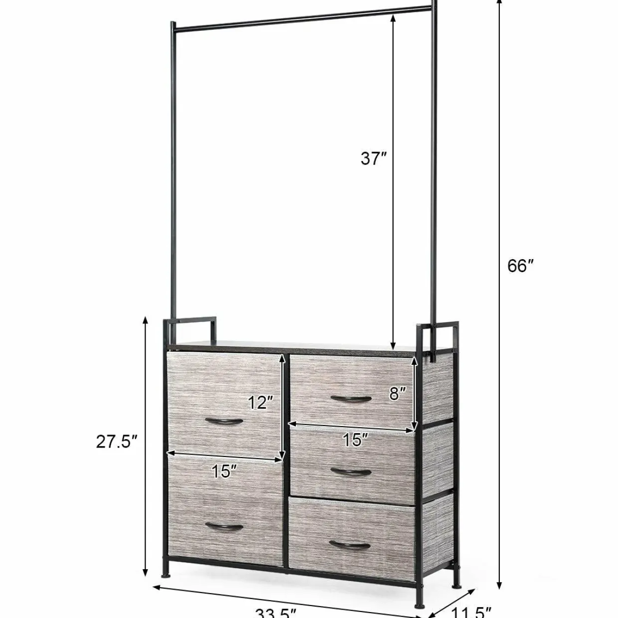 Fabric Drawer Dresser w/Clothes Rack, Storage Organizer with Metal Frame and Wooden Top