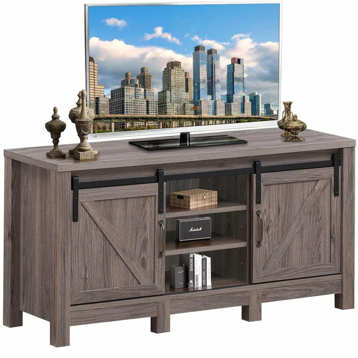 Farmhouse TV Stand with Sliding Barn Door, Wood Universal TV Console for TV's up to 55" Flat Screen for Living Room