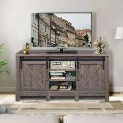 Farmhouse TV Stand with Sliding Barn Door, Wood Universal TV Console for TV's up to 55" Flat Screen for Living Room