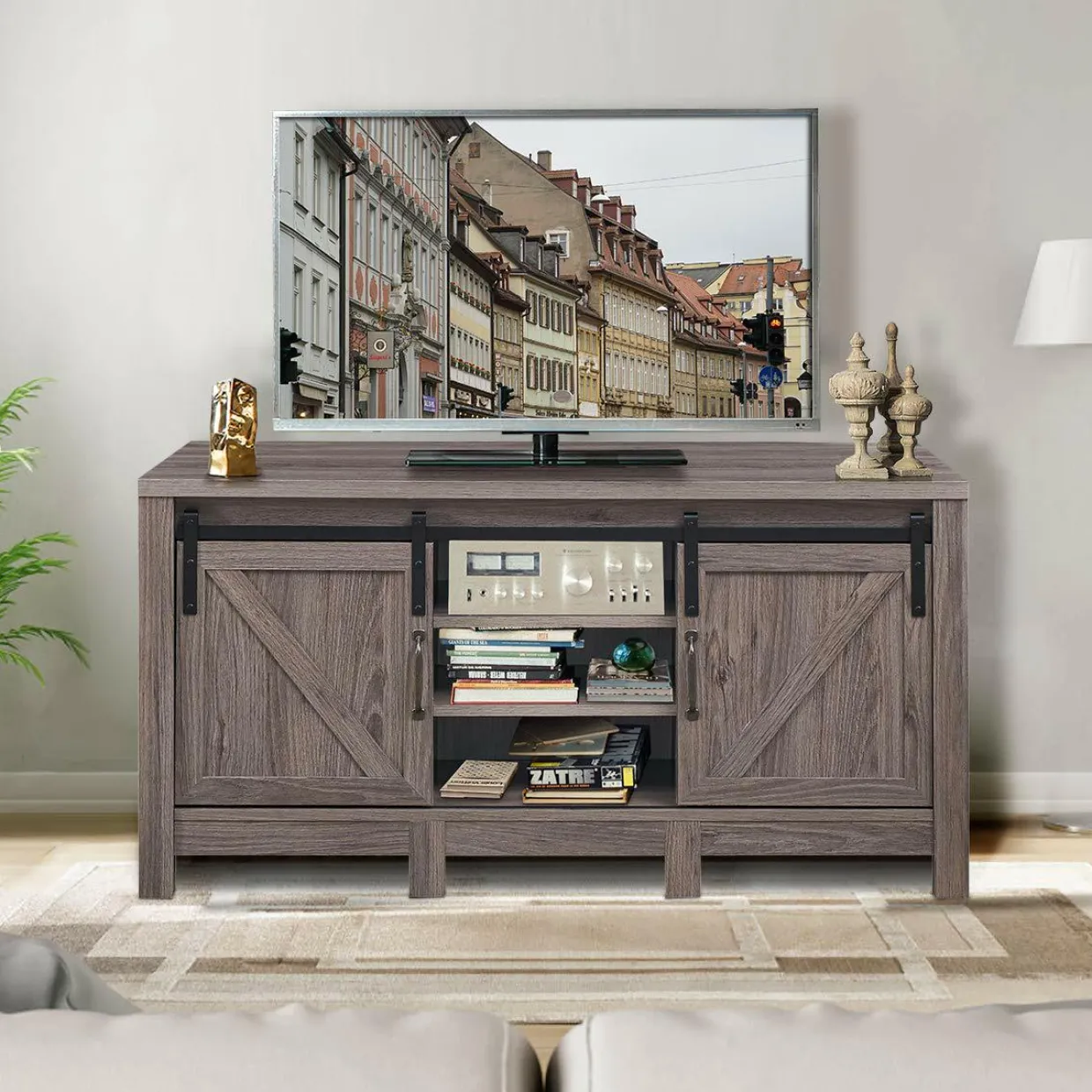 Farmhouse TV Stand with Sliding Barn Door, Wood Universal TV Console for TV's up to 55" Flat Screen for Living Room