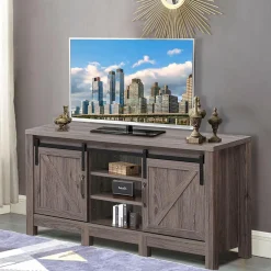 Farmhouse TV Stand with Sliding Barn Door, Wood Universal TV Console for TV's up to 55