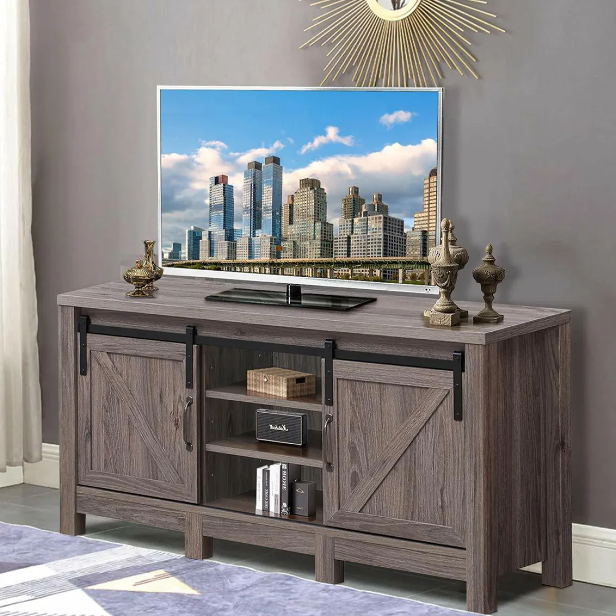 Farmhouse TV Stand with Sliding Barn Door, Wood Universal TV Console for TV's up to 55" Flat Screen for Living Room