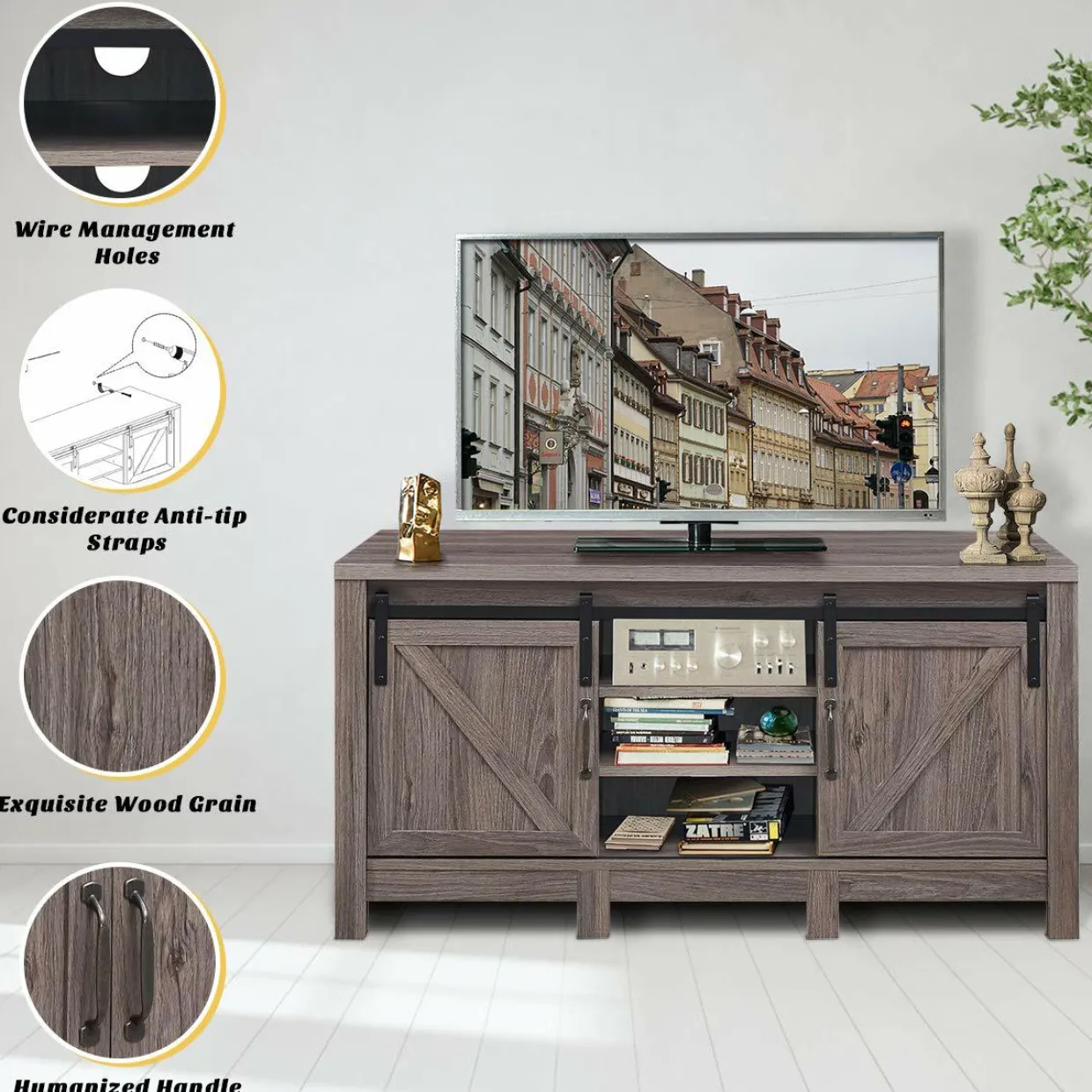 Farmhouse TV Stand with Sliding Barn Door, Wood Universal TV Console for TV's up to 55" Flat Screen for Living Room
