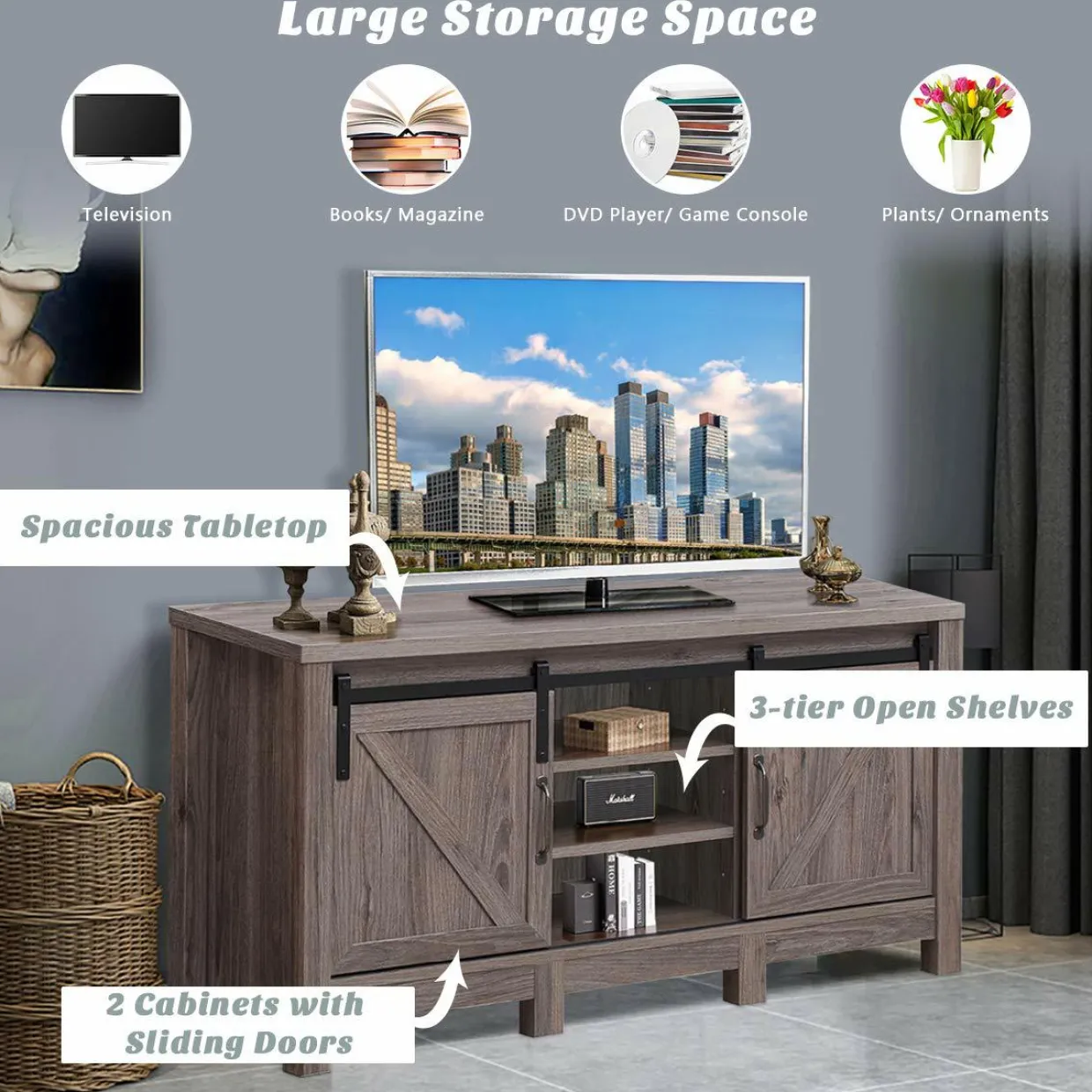 Farmhouse TV Stand with Sliding Barn Door, Wood Universal TV Console for TV's up to 55" Flat Screen for Living Room