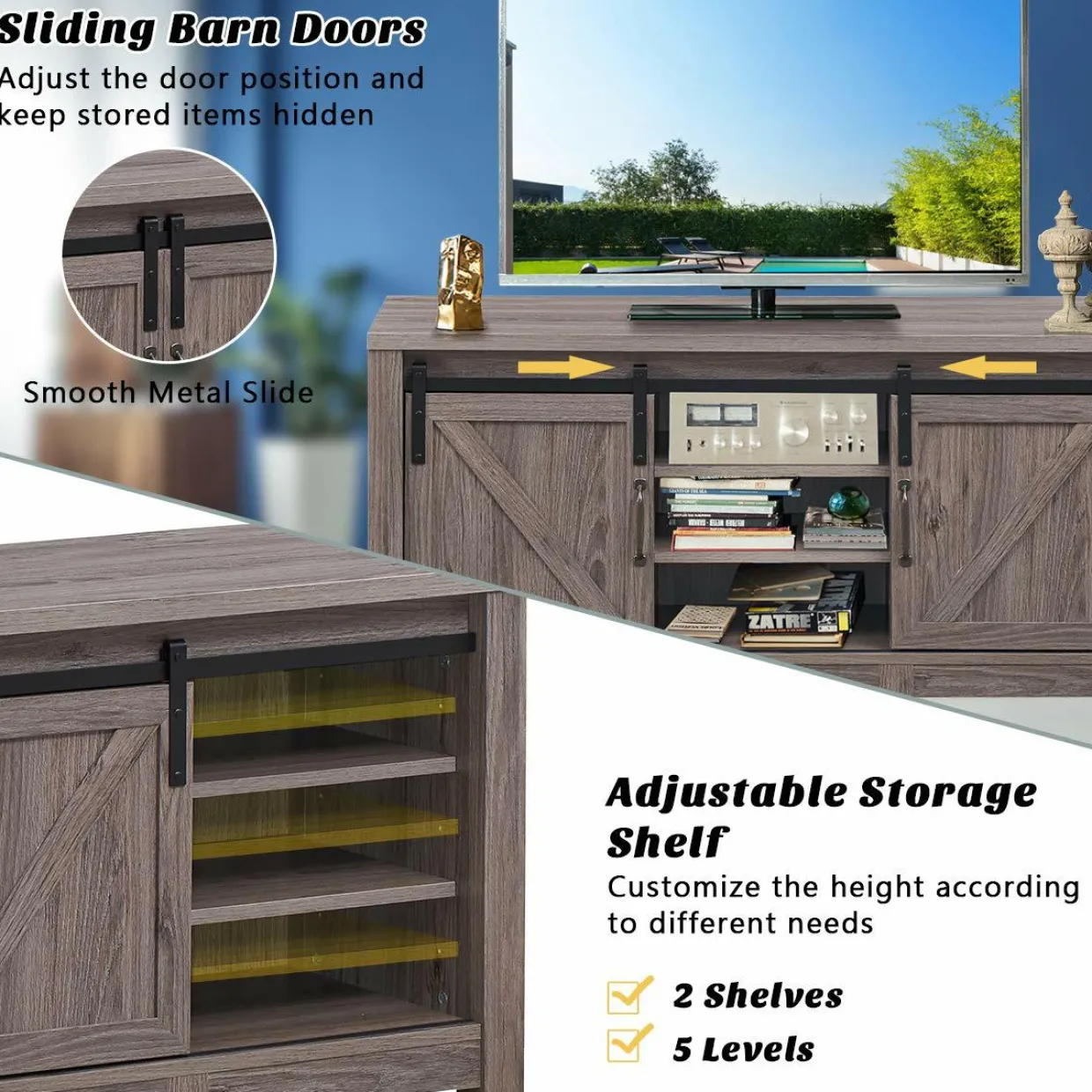 Farmhouse TV Stand with Sliding Barn Door, Wood Universal TV Console for TV's up to 55" Flat Screen for Living Room