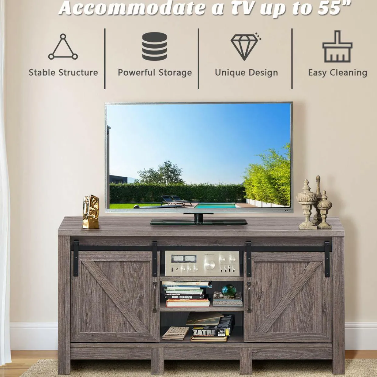 Farmhouse TV Stand with Sliding Barn Door, Wood Universal TV Console for TV's up to 55" Flat Screen for Living Room