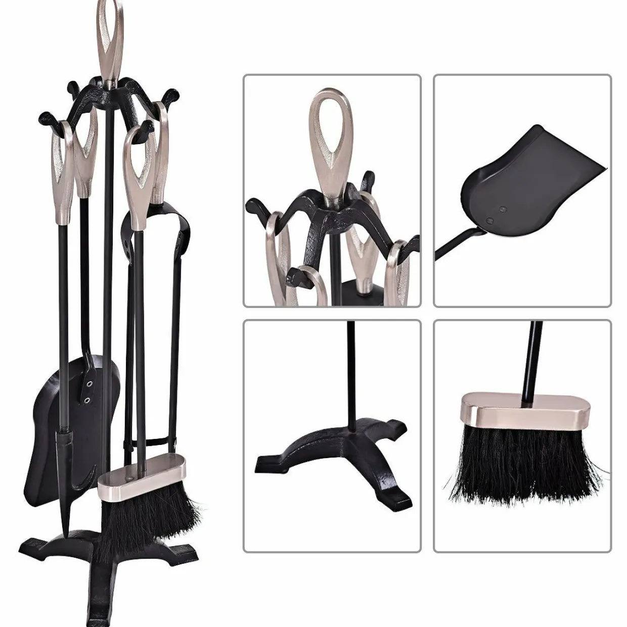 Fireplace Set 5 Piece Rustic Heavy Duty Compact Wrought Iron Fire Place Tool Set with Pedestal Place