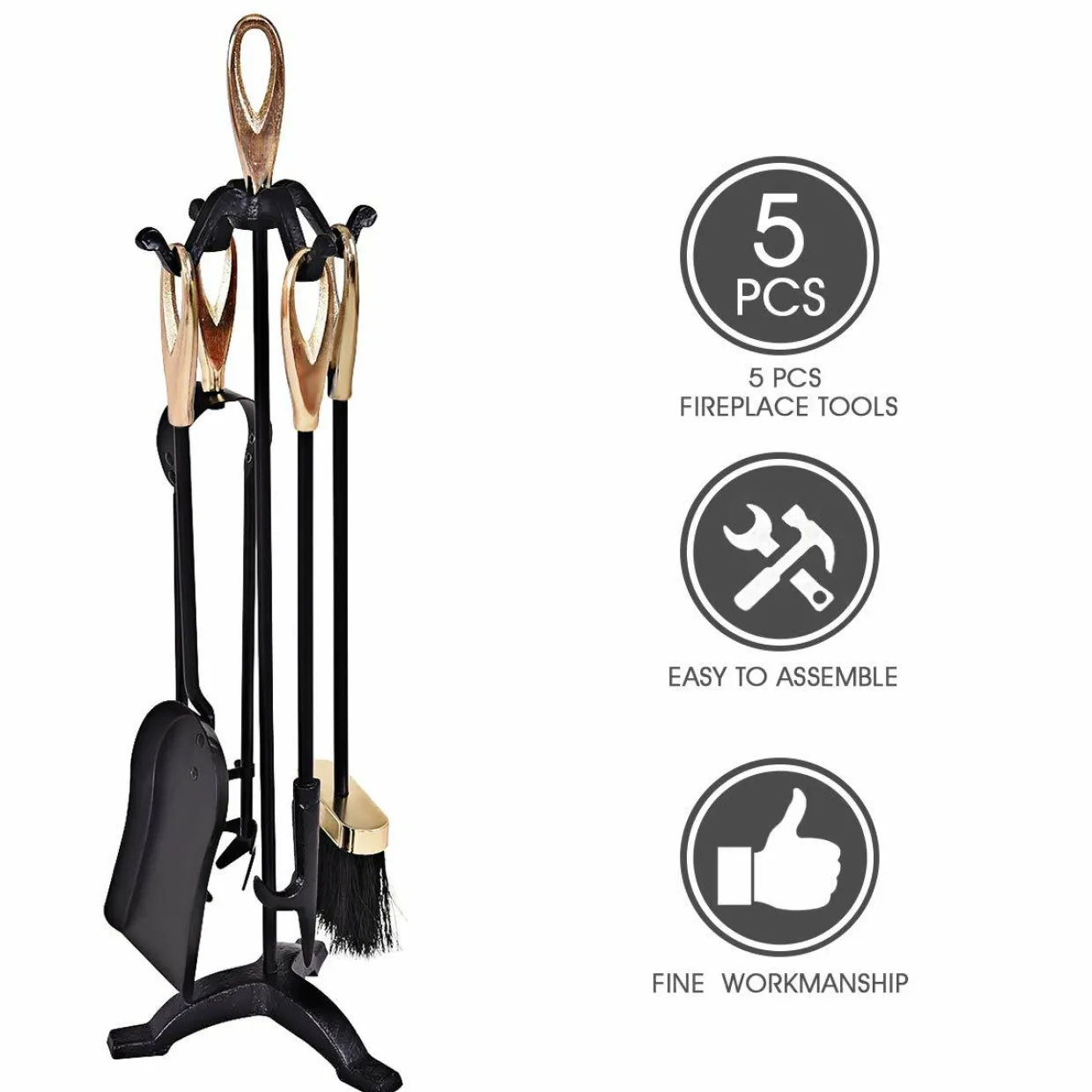 Fireplace Set 5 Piece Rustic Heavy Duty Compact Wrought Iron Fire Place Tool Set with Pedestal Place