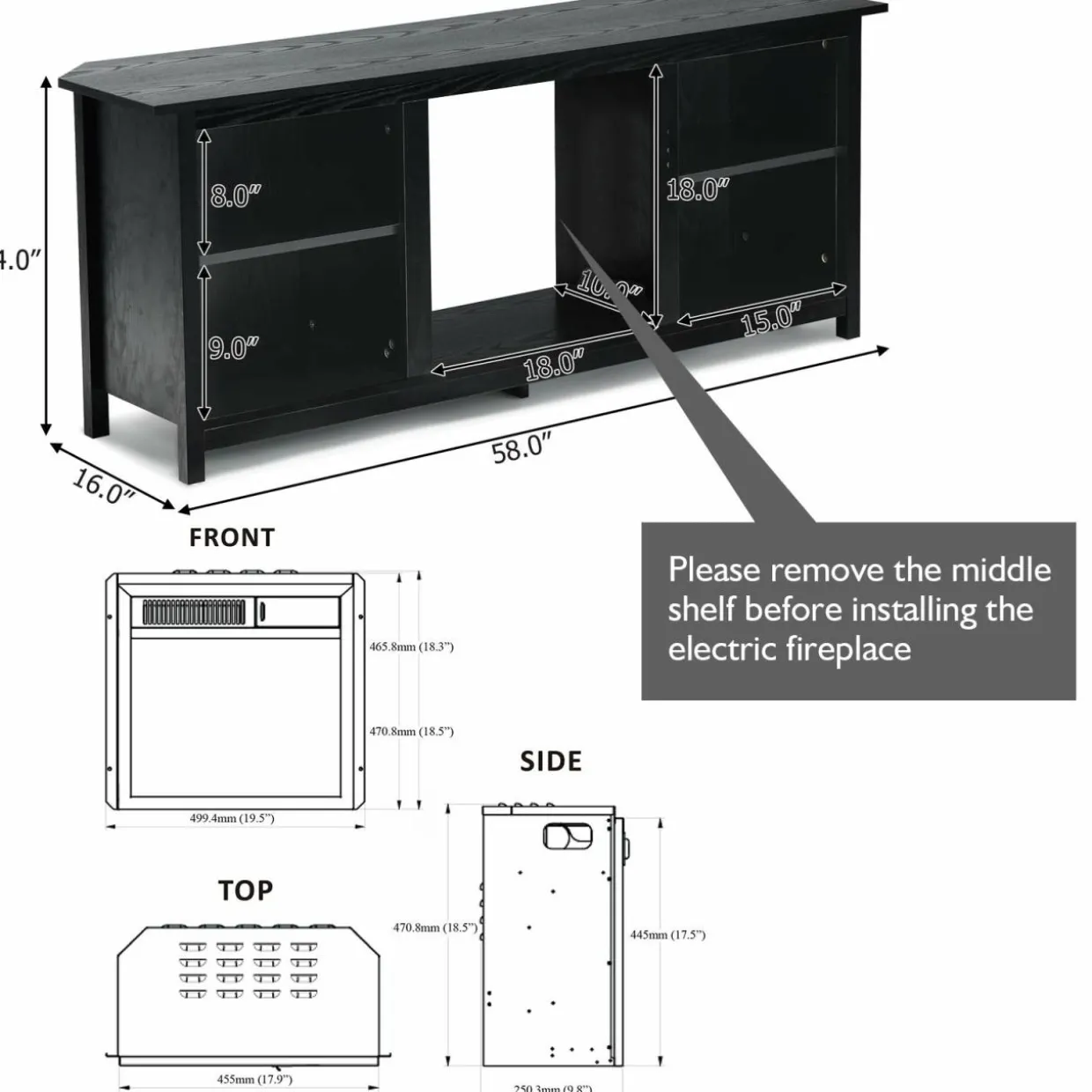 Fireplace TV Stand, 58 Inches Entertainment Media Console Center w/18 Inches 1500W Electric Fireplace
