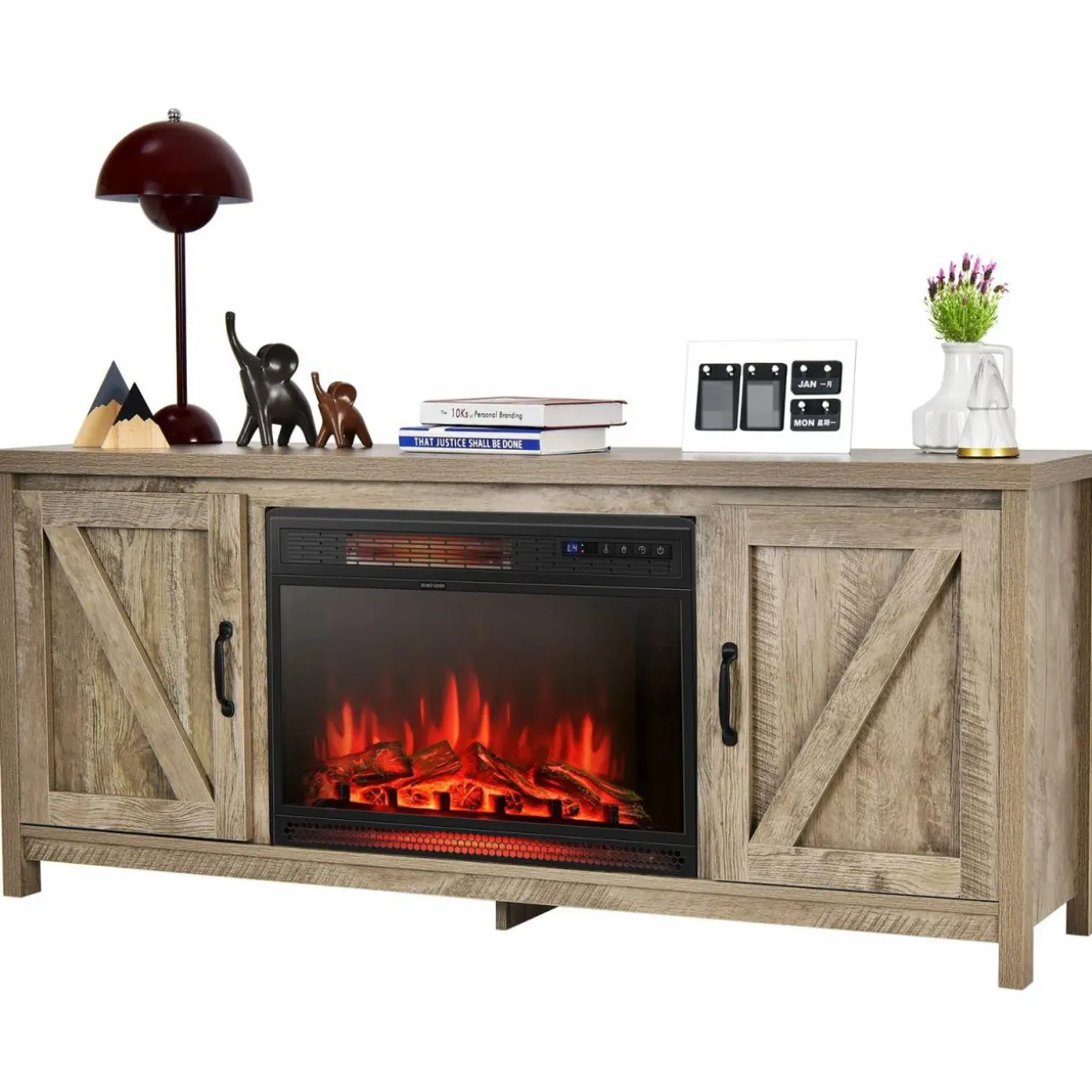 Fireplace TV Stand for TVs Up to 65 Inch, Fireplace Media Console Table with Barn Doors, Electric Heater with Adjustable Brightness & Remote