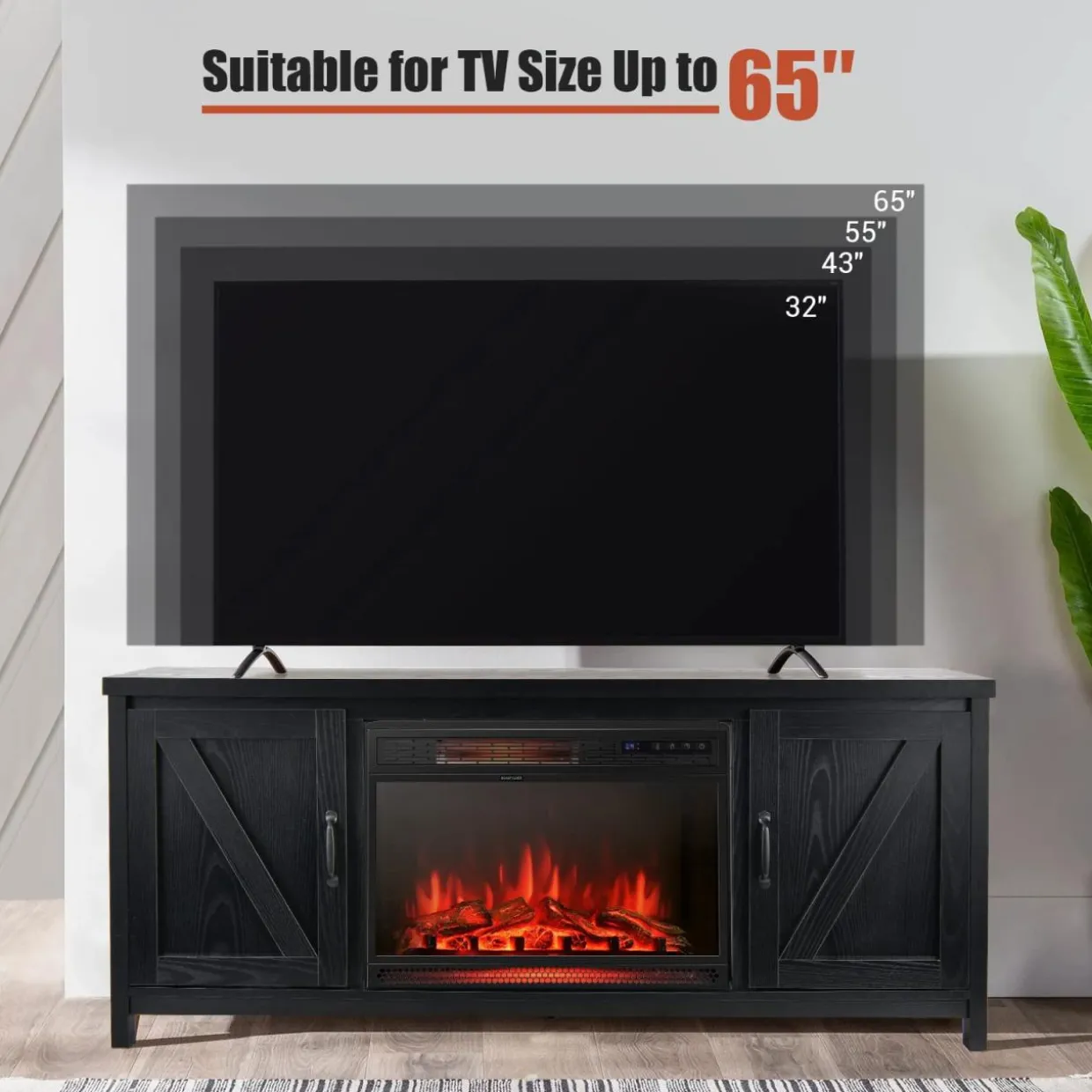 Fireplace TV Stand for TVs Up to 65 Inch, Fireplace Media Console Table with Barn Doors, Electric Heater with Adjustable Brightness & Remote