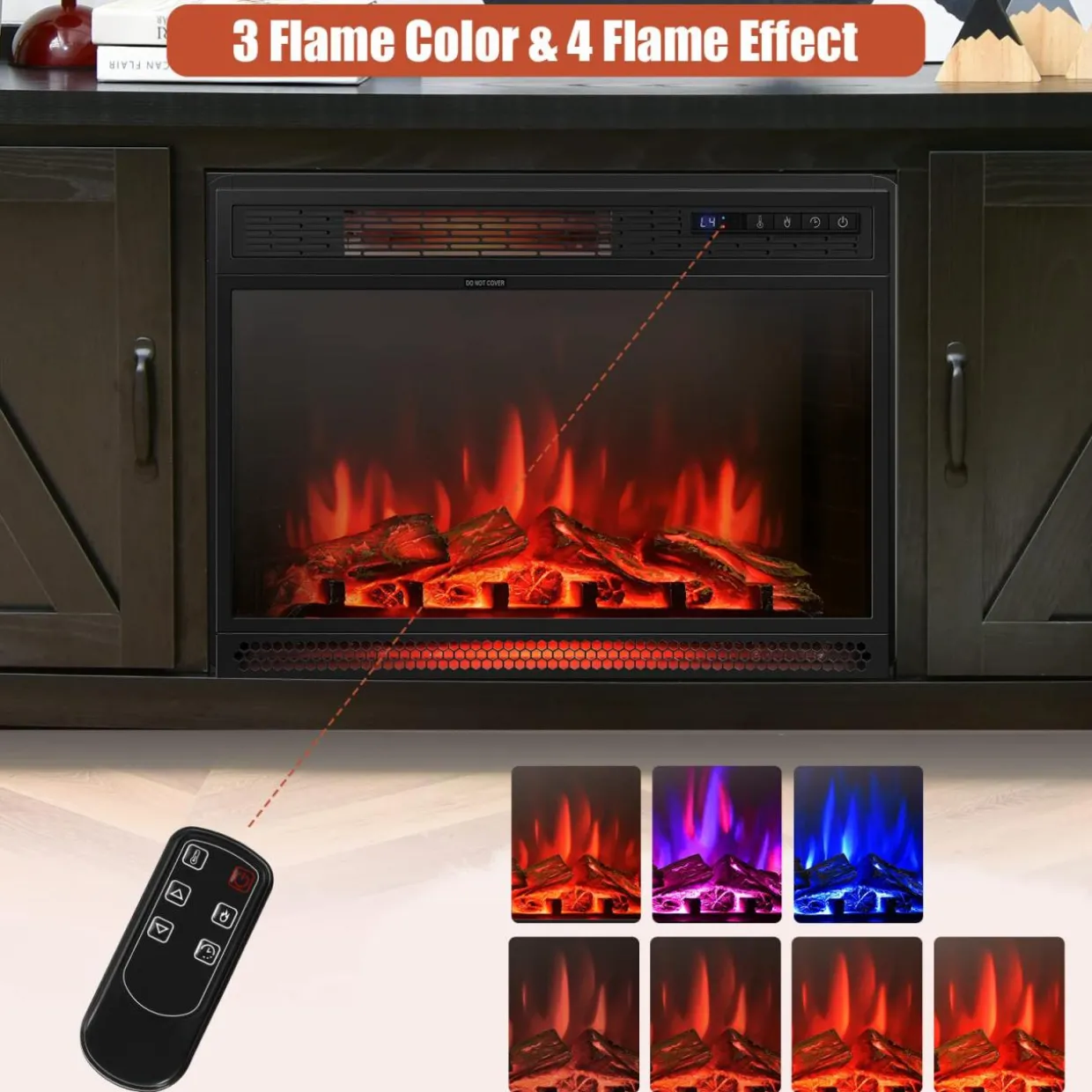 Fireplace TV Stand for TVs Up to 65 Inch, Fireplace Media Console Table with Barn Doors, Electric Heater with Adjustable Brightness & Remote