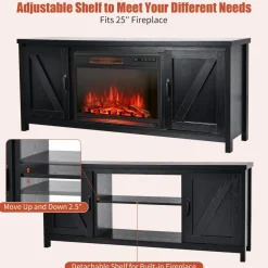 Fireplace TV Stand for TVs Up to 65 Inch, Fireplace Media Console Table with Barn Doors, Electric Heater with Adjustable Brightness & Remote