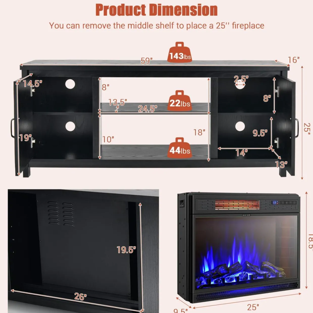 Fireplace TV Stand for TVs Up to 65 Inch, Fireplace Media Console Table with Barn Doors, Electric Heater with Adjustable Brightness & Remote