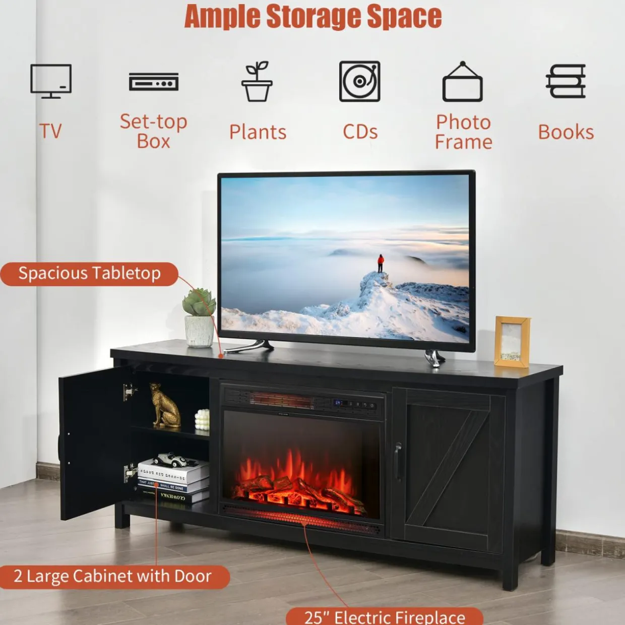 Fireplace TV Stand for TVs Up to 65 Inch, Fireplace Media Console Table with Barn Doors, Electric Heater with Adjustable Brightness & Remote