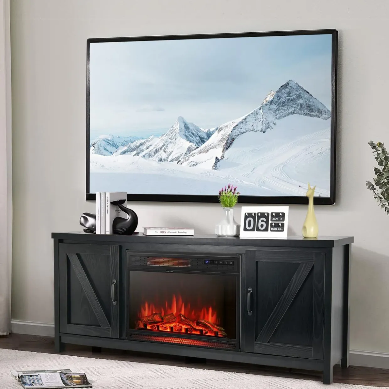 Fireplace TV Stand for TVs Up to 65 Inch, Fireplace Media Console Table with Barn Doors, Electric Heater with Adjustable Brightness & Remote
