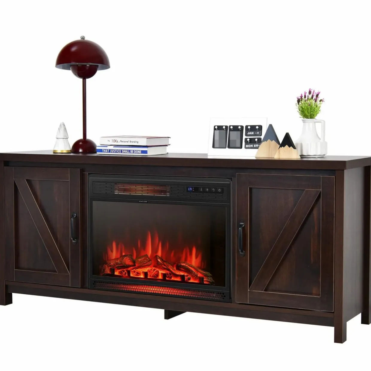 Fireplace TV Stand for TVs Up to 65 Inch, Fireplace Media Console Table with Barn Doors, Electric Heater with Adjustable Brightness & Remote