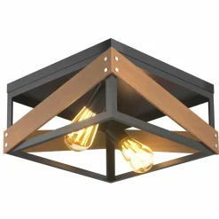 Flush Mount Ceiling Light, Rustic Flush Mount Light with Iron & Wood Square Shade & 2 Angle Adjustable Lights