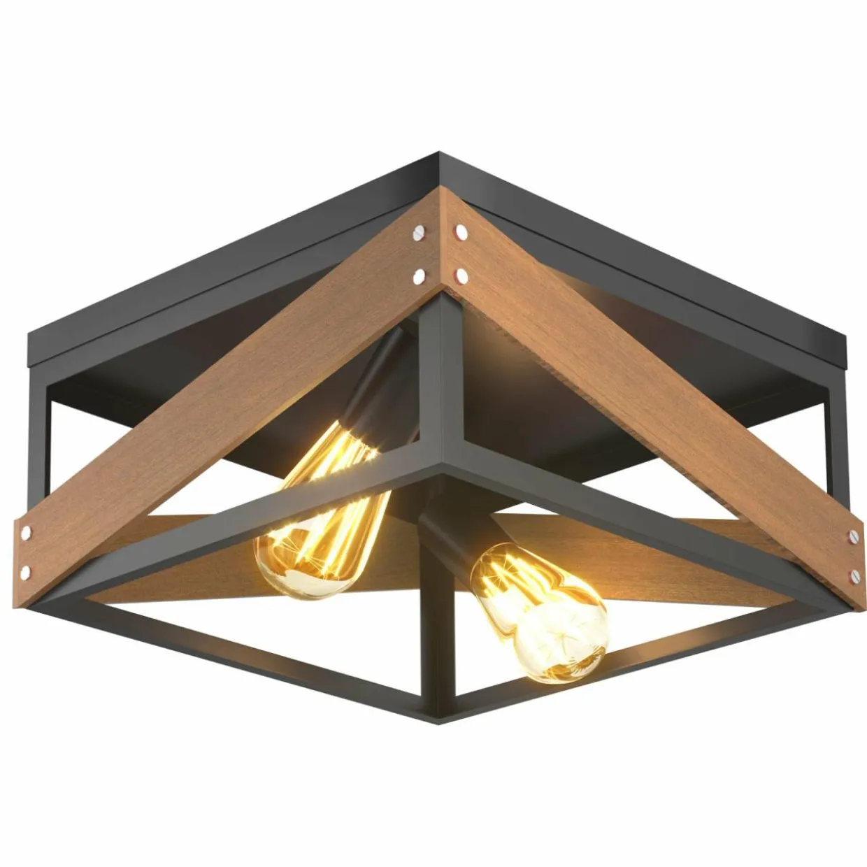 Flush Mount Ceiling Light, Rustic Flush Mount Light with Iron & Wood Square Shade & 2 Angle Adjustable Lights