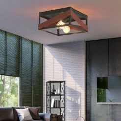 Flush Mount Ceiling Light, Rustic Flush Mount Light with Iron & Wood Square Shade & 2 Angle Adjustable Lights