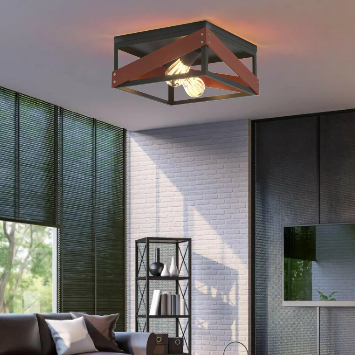 Flush Mount Ceiling Light, Rustic Flush Mount Light with Iron & Wood Square Shade & 2 Angle Adjustable Lights