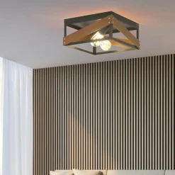 Flush Mount Ceiling Light, Rustic Flush Mount Light with Iron & Wood Square Shade & 2 Angle Adjustable Lights