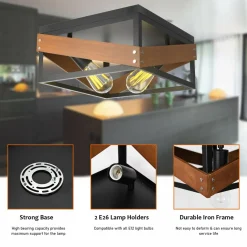 Flush Mount Ceiling Light, Rustic Flush Mount Light with Iron & Wood Square Shade & 2 Angle Adjustable Lights