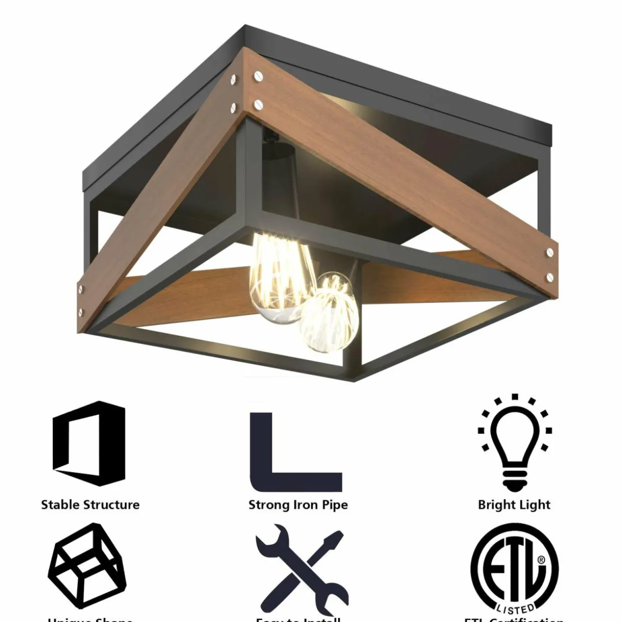 Flush Mount Ceiling Light, Rustic Flush Mount Light with Iron & Wood Square Shade & 2 Angle Adjustable Lights
