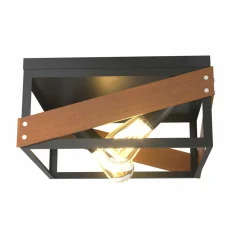 Flush Mount Ceiling Light, Rustic Flush Mount Light with Iron & Wood Square Shade & 2 Angle Adjustable Lights